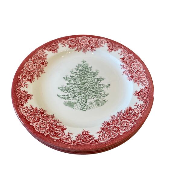 4pc Royal Stafford CHRISTMAS TREE Porcelain Salad Plates 8.5" Red Green NEW - Picture 5 of 12